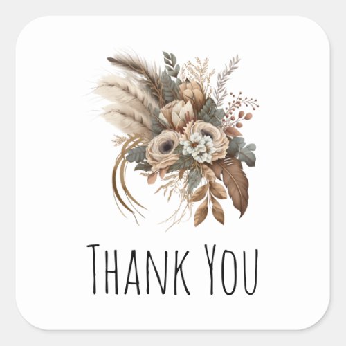 Elegant Flowers Foliage and Feathers Thank You Square Sticker