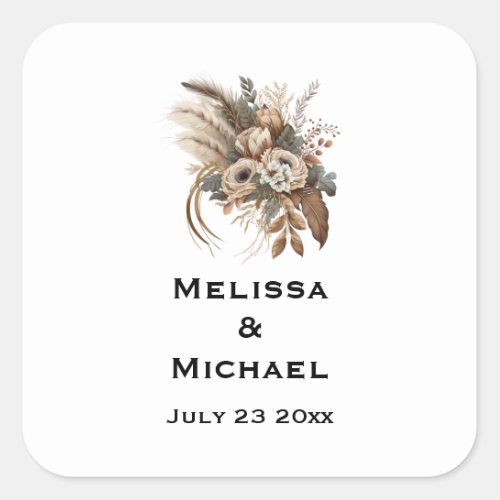 Elegant Flowers Foliage and Feathers Wedding Date Square Sticker