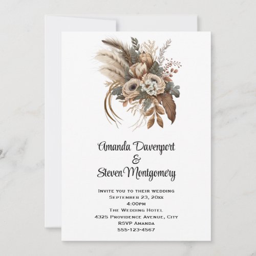 Elegant Flowers Foliage and Feathers Wedding Invitation