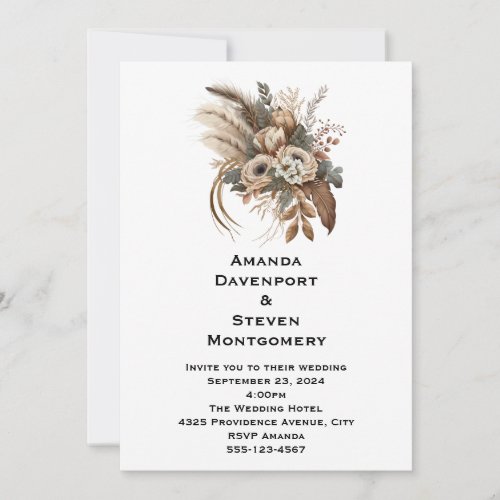 Elegant Flowers Foliage and Feathers Wedding Invitation