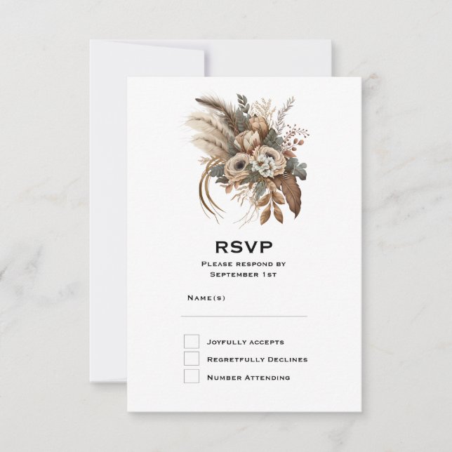 Elegant Flowers Foliage and Feathers Wedding RSVP Card (Front)