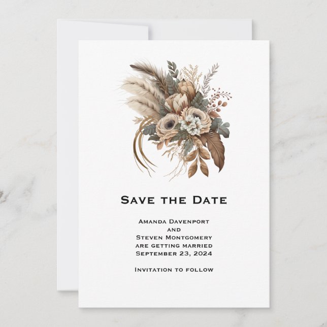 Elegant Flowers Foliage and Feathers Wedding Save The Date (Front)