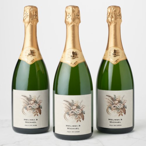 Elegant Flowers Foliage and Feathers Wedding Sparkling Wine Label