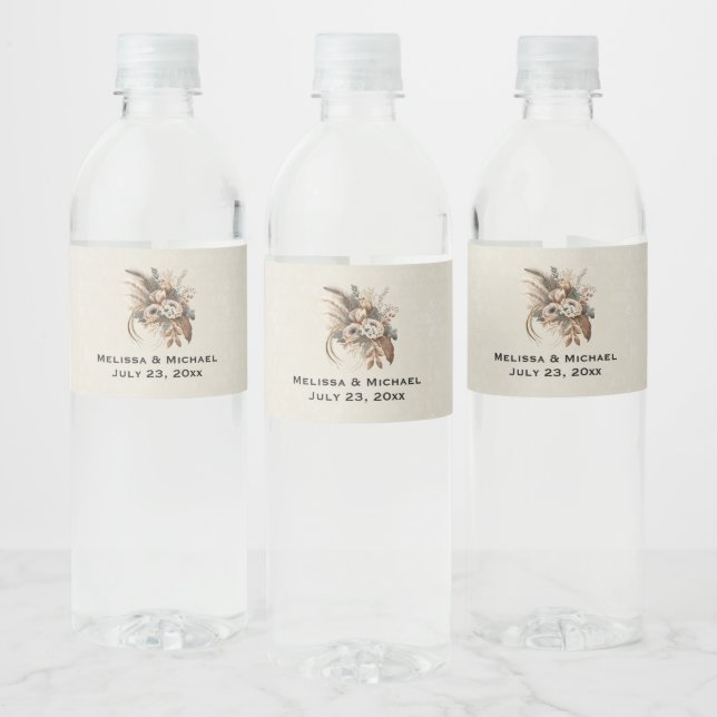 Elegant Flowers Foliage and Feathers Wedding Water Bottle Label (Bottles)
