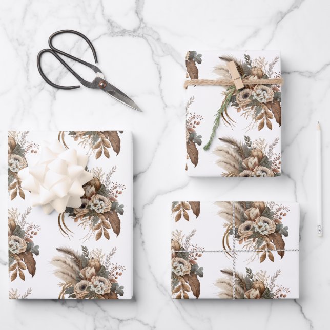 Elegant Flowers Foliage and Feathers Wrapping Paper Sheets (Front)