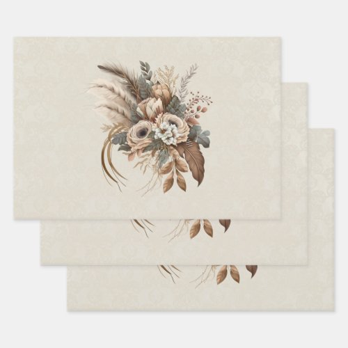 Elegant Flowers Foliage and Feathers Wrapping Paper Sheets
