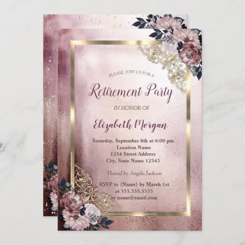 Elegant Flowers Gold Frame Retirement  Invitation