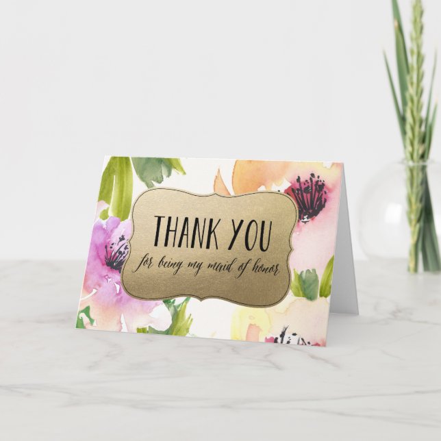 Elegant Flowers Gold Maid Of Honor Thank You Card (Front)