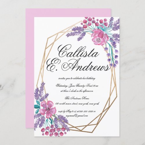 Elegant Flowers Gold Terrarium Watercolor Birthday Invitation