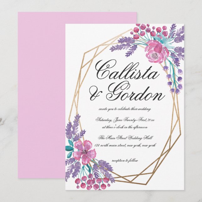 Elegant Flowers Gold Terrarium Watercolor Wedding Invitation (Front/Back)