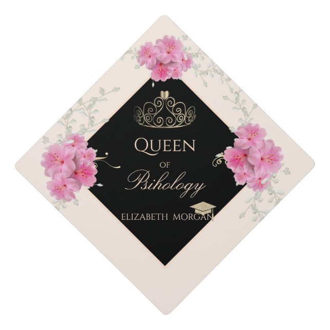 Elegant Flowers, Gold Tiara  Graduation Cap (Front)