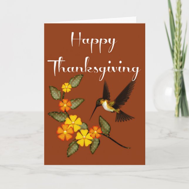 Elegant Flowers & Hummingbird Thanksgiving Card 1 (Front)