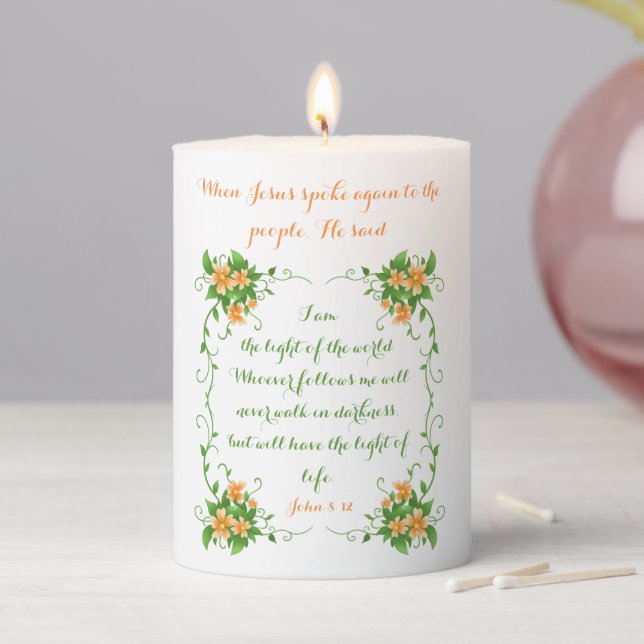 Elegant Flowers Light of Life Bible Verse Pillar Candle (In Situ)