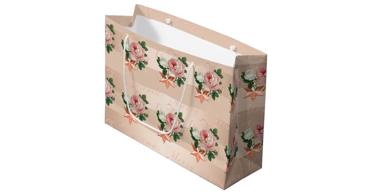 Elegant Flowers Merry Christmas Rose Gold Glitter Large Gift Bag Zazzle Com
