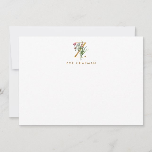 Elegant Flowers Monogram Gold Letter Z Note Card (Front)