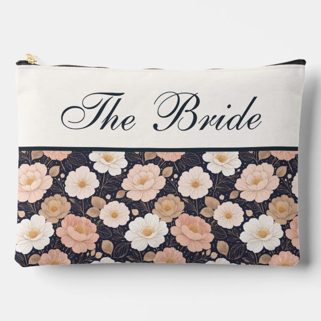 Elegant Flowers on Dark Navy Bride Makeup Bag (Front)