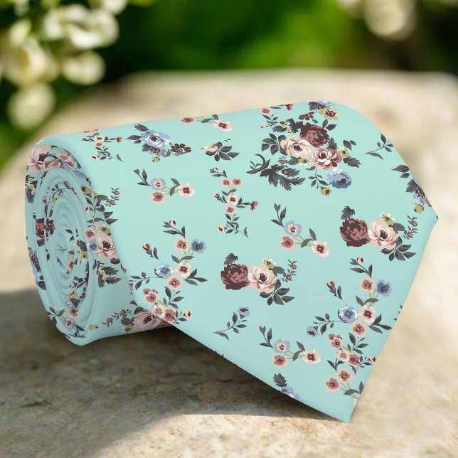 Elegant Flowers On Light Blue Background Wedding Neck Tie (Creator Uploaded)