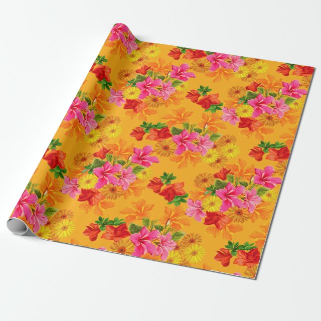 Elegant Flowers on Orange Wrapping Paper (Unrolled)