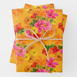 Elegant Flowers on Orange Wrapping Paper Sheets