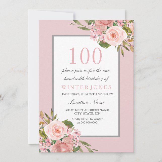 Elegant Flowers Pink 100th Birthday Party Invite (Front)