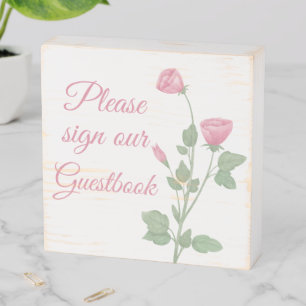 Elegant Flowers Pink Floral Wedding Guestbook Wooden Box Sign