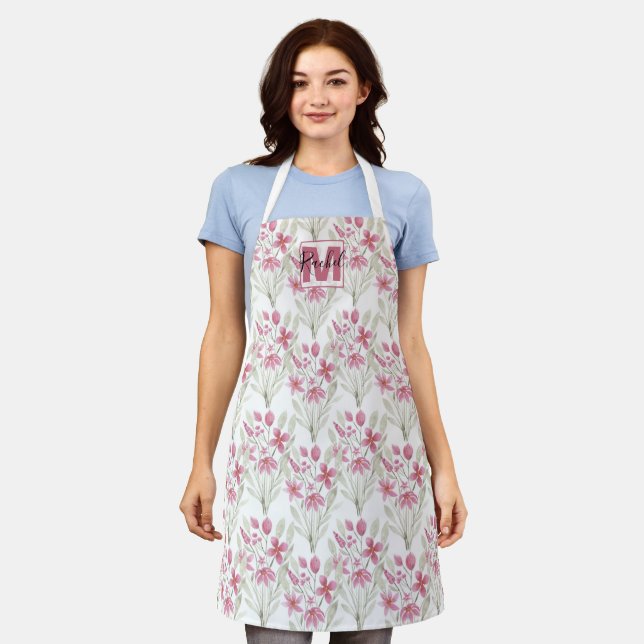 Elegant Flowers Pink Sage Green Watercolor Floral Apron (Worn)
