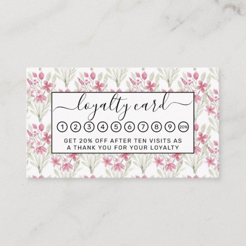 Elegant Flowers Pink Sage Green Watercolor Floral Loyalty Card