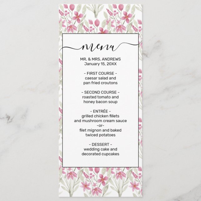 Elegant Flowers Pink Sage Green Watercolor Floral Menu (Front)