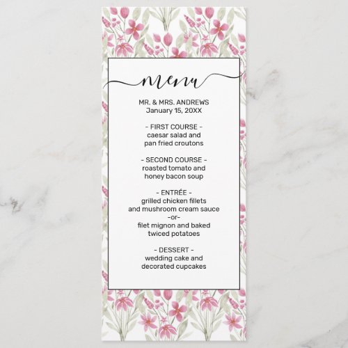 Elegant Flowers Pink Sage Green Watercolor Floral Menu