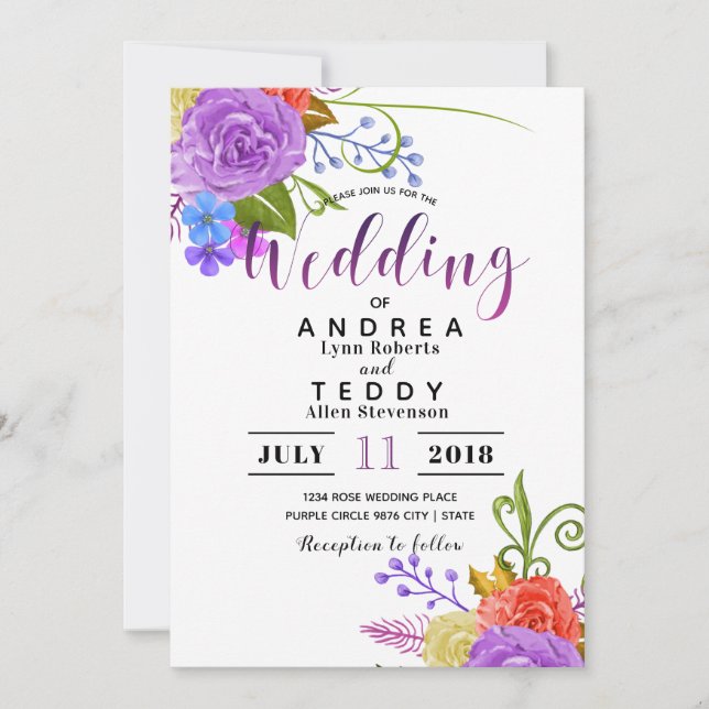 Elegant Flowers | Purple Floral Bloom Wedding Invitation (Front)