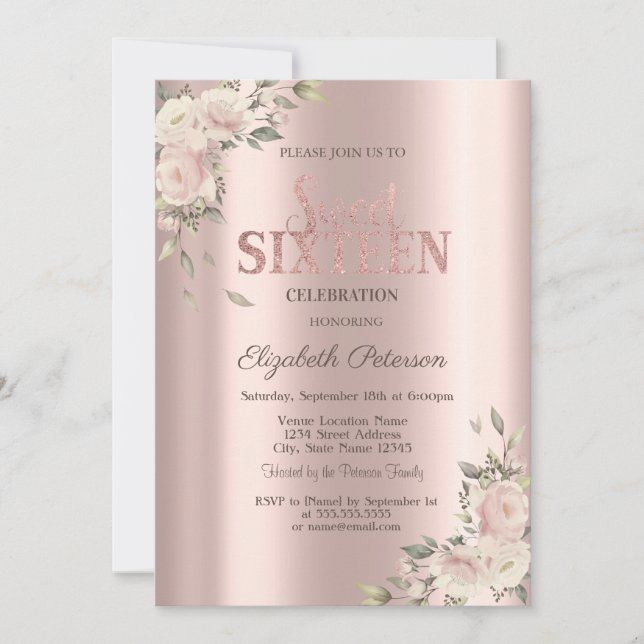 Elegant Flowers Rose Gold Sweet 16 Birthday Invitation (Front)