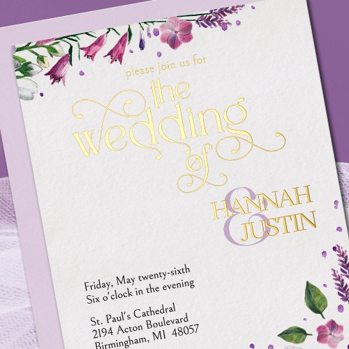 Elegant Flowers Spring Summer Wedding 1B Gold Foil Invitation
