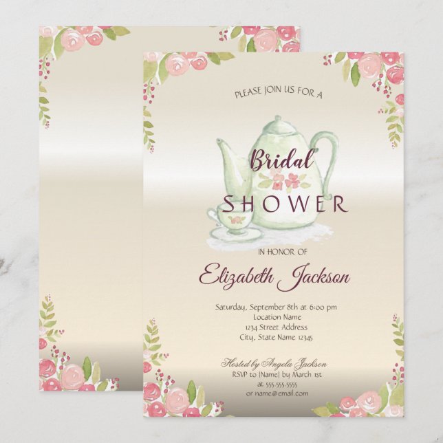 Elegant Flowers Teapot Bridal Shower Invitation (Front/Back)