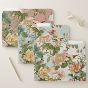 Elegant Flowers Vintage Birds Business Monogram File Folder