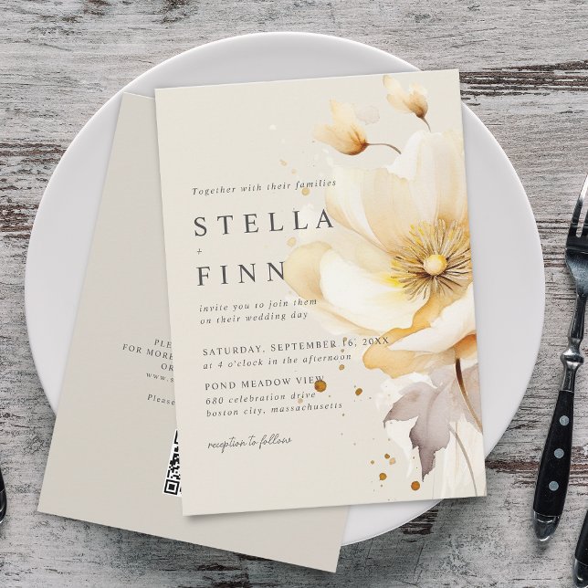 Elegant Flowers White Yellow Gold QR Code Wedding Invitation (Elegant Flowers White Yellow Gold QR Code Wedding Invitation)