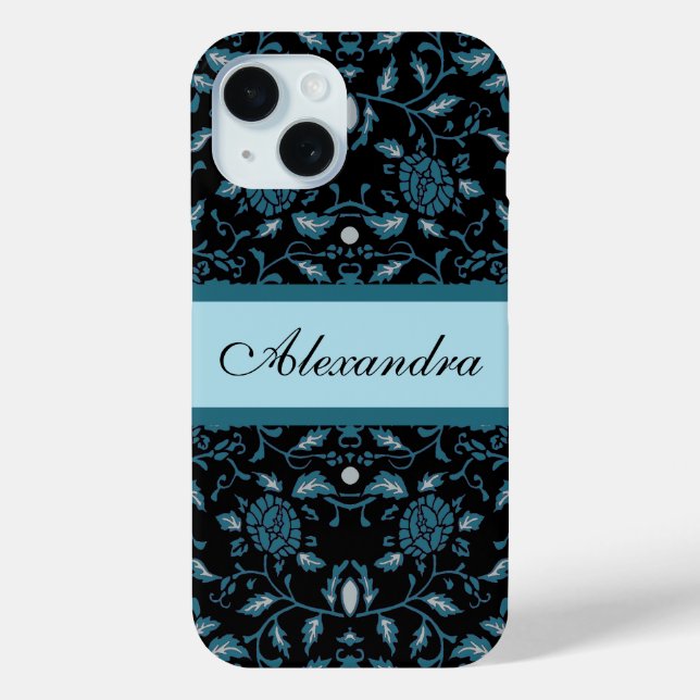 Elegant Flowery Black and Teal Damask Case-Mate iPhone Case (Back)