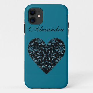 Elegant Flowery Black and Teal Damask Heart