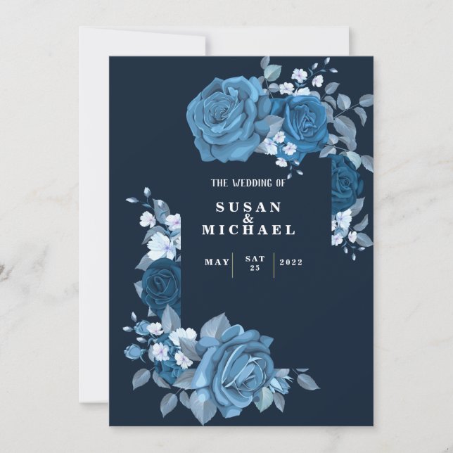 Elegant flowery Blue Wedding Invitation (Front)