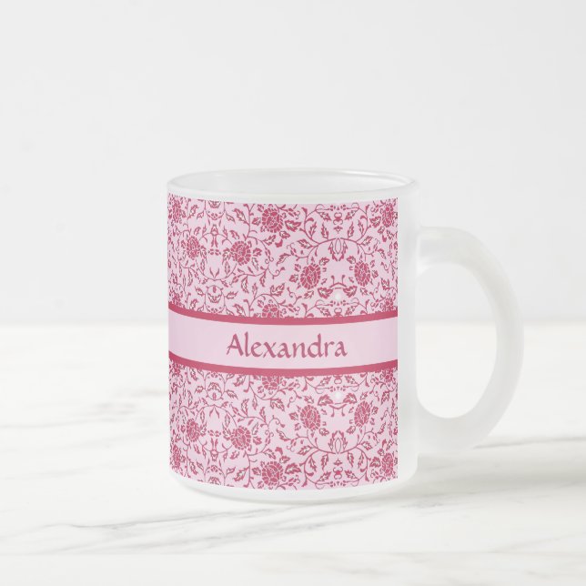 Elegant Flowery Pink and Red Damask Frosted Glass Coffee Mug (Right)