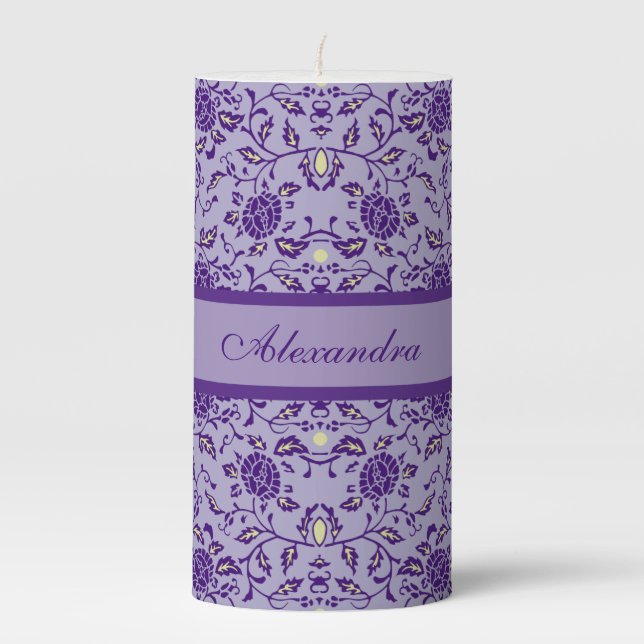 Elegant Flowery Purple Damask Pillar Candle (Front)