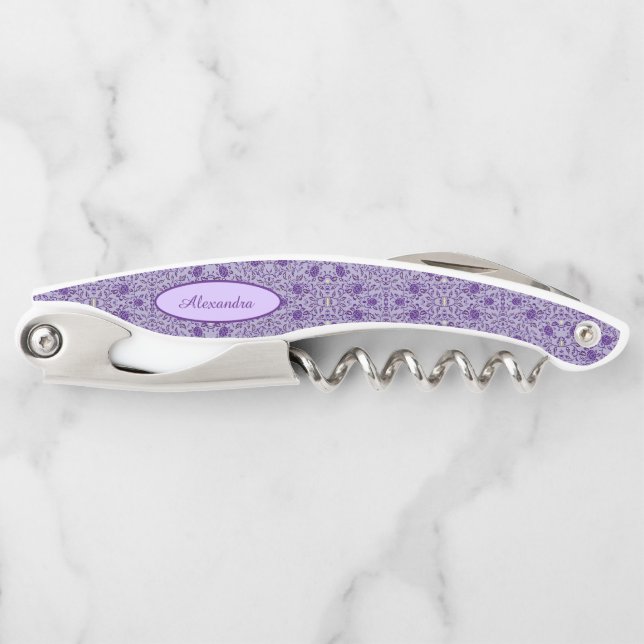 Elegant Flowery Purple Damask Waiter's Corkscrew (Front)