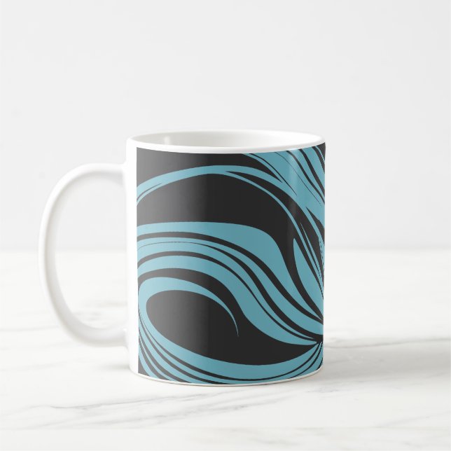 Elegant Flowing Lines in Turquoise on Black Coffee Mug (Left)