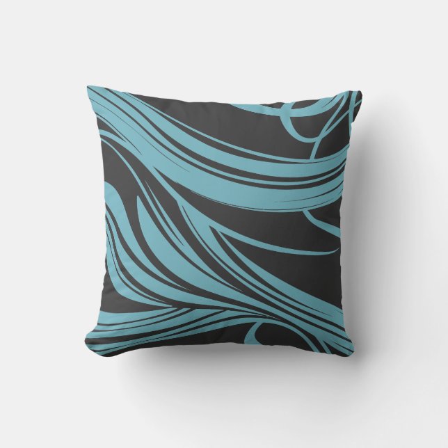 Elegant Flowing Lines in Turquoise on Black Throw Pillow (Front)