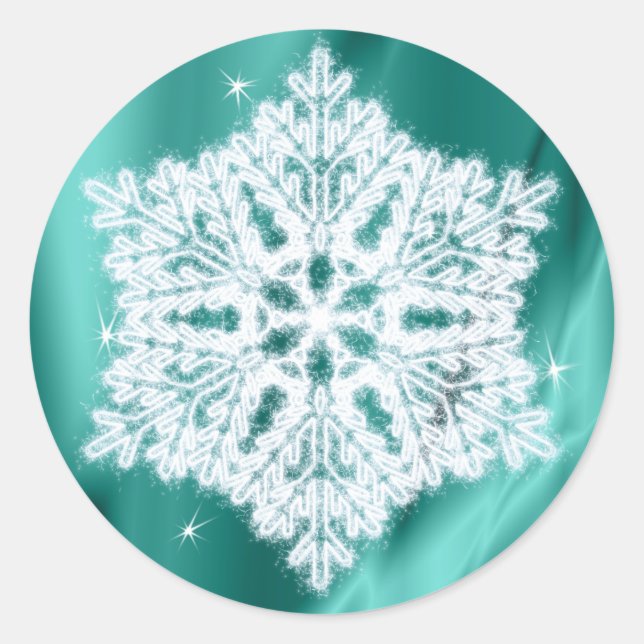 Elegant Fluffy Snowflake Teal Green Faux Sparkles Classic Round Sticker (Front)