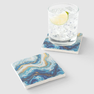 Elegant Fluid Art Decorative Tiles – Abstract Blue Stone Coaster