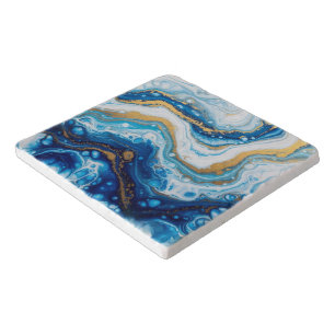 Elegant Fluid Art Decorative Tiles – Abstract Blue Trivet
