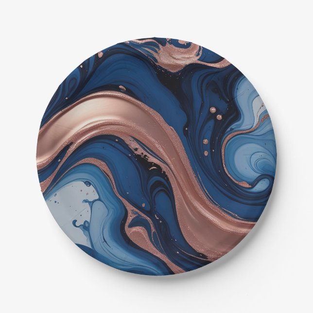 Elegant Fluid Art with Copper and Blue Swirls Paper Plates (Front)