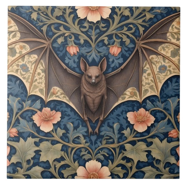 Elegant Flying Bat William Morris Inspired Floral Ceramic Tile (Front)