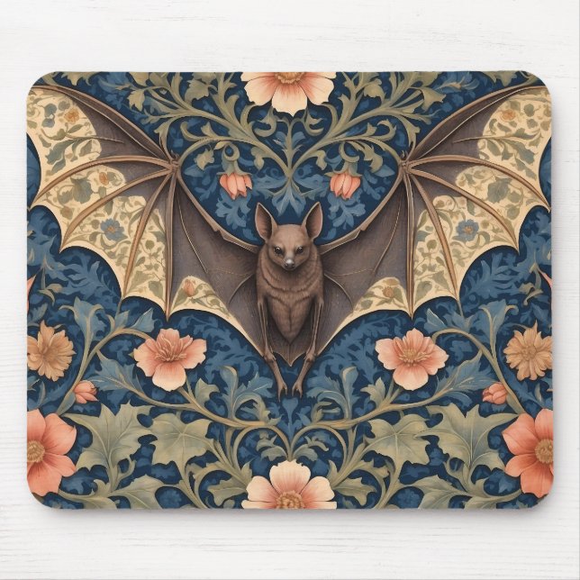 Elegant Flying Bat William Morris Inspired Floral Mouse Pad (Front)
