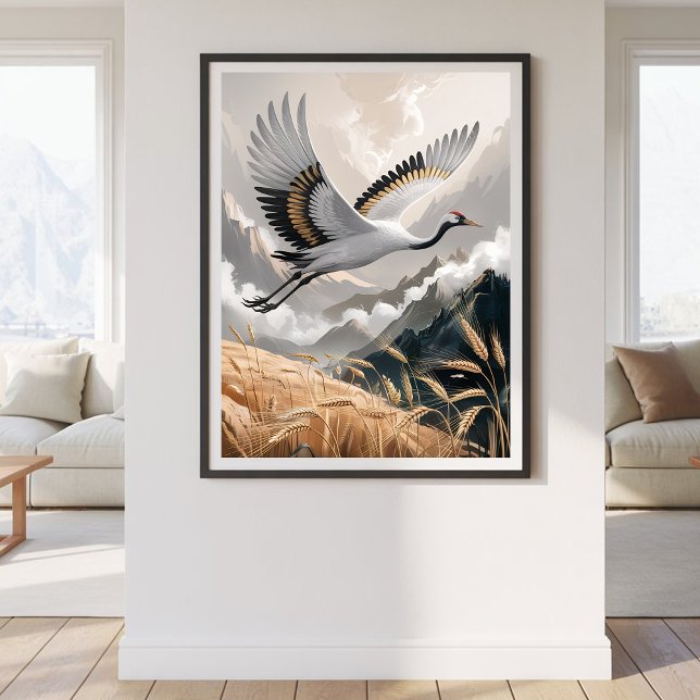Elegant Flying Crane Over Golden Wheat Landscape   Poster (Creator Uploaded)